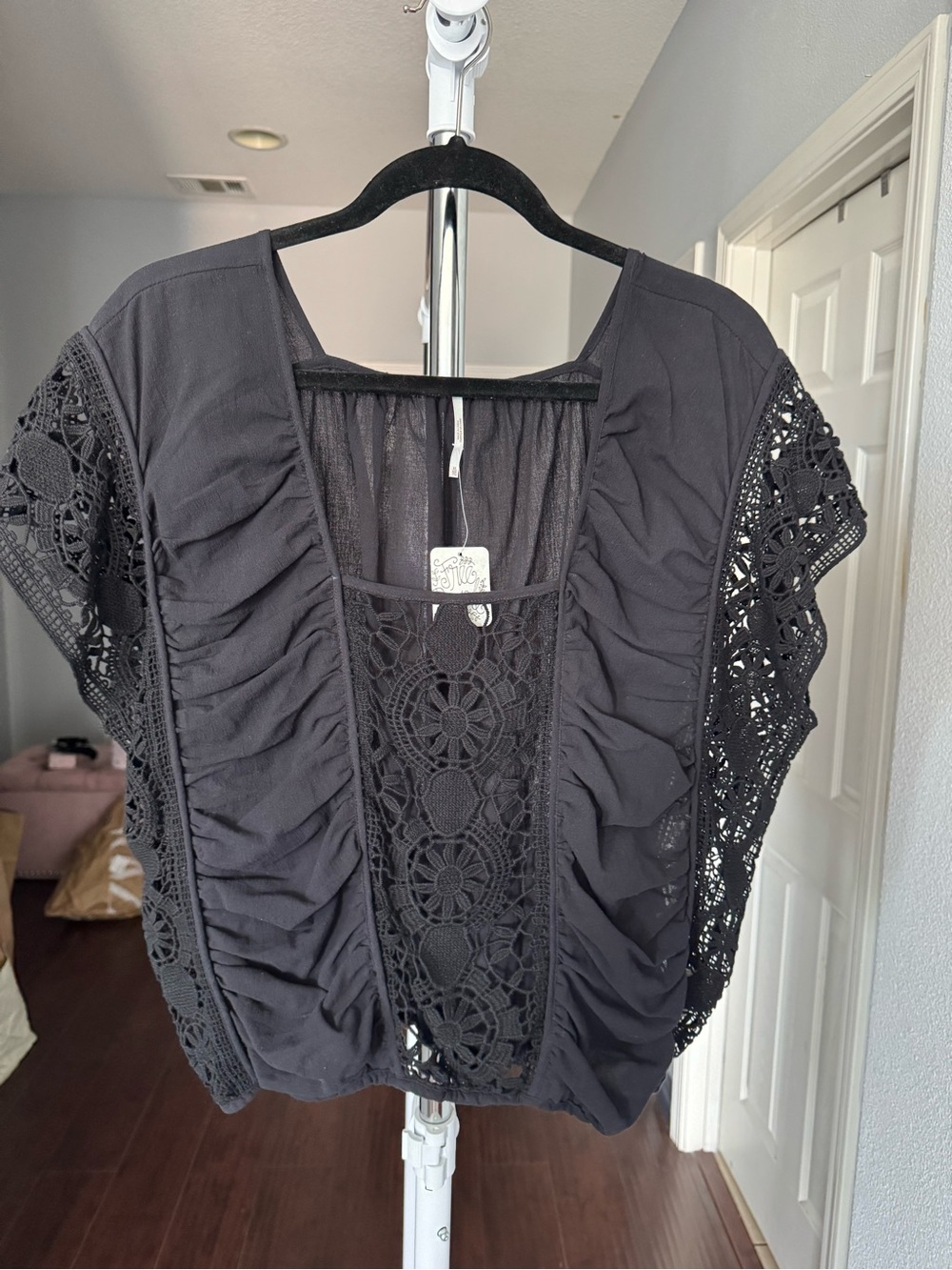 Free People Black Crochet-Panel Short-Sleeve Top